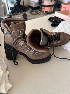 Gianni Bini Taupe and Black Lace-Up Chunky Heel Ankle Boots